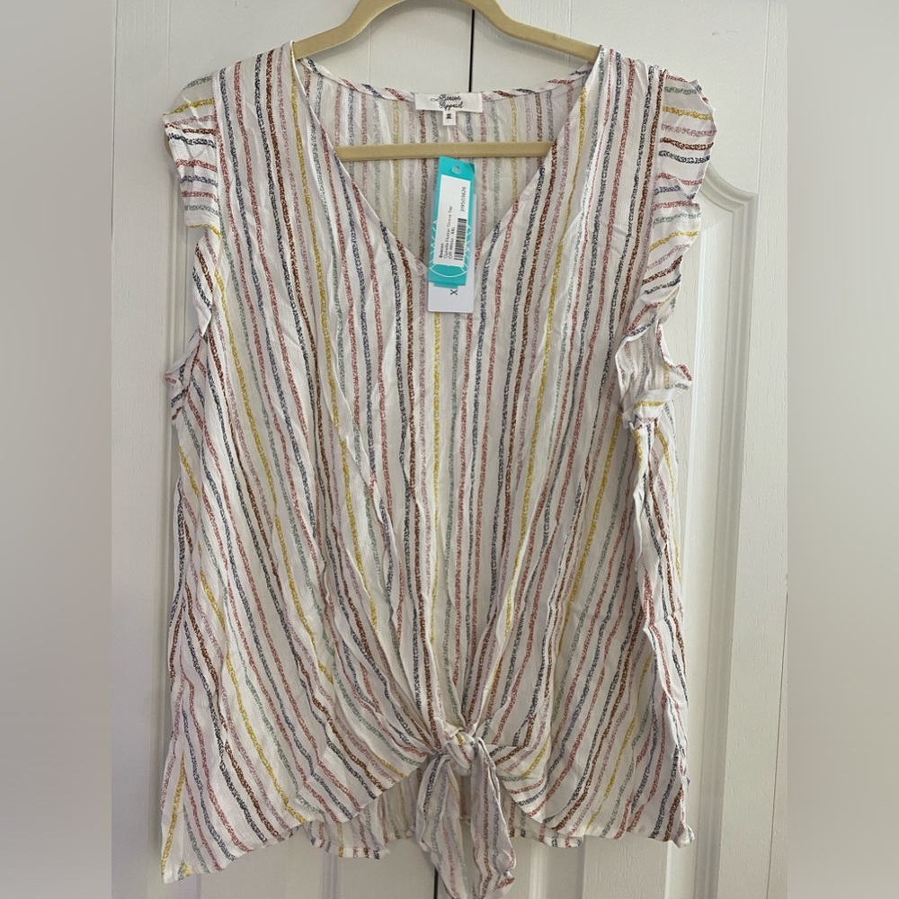 BEACON Ophelia Flutter Sleeve Top Color Off-White with Stripes - Size XXL